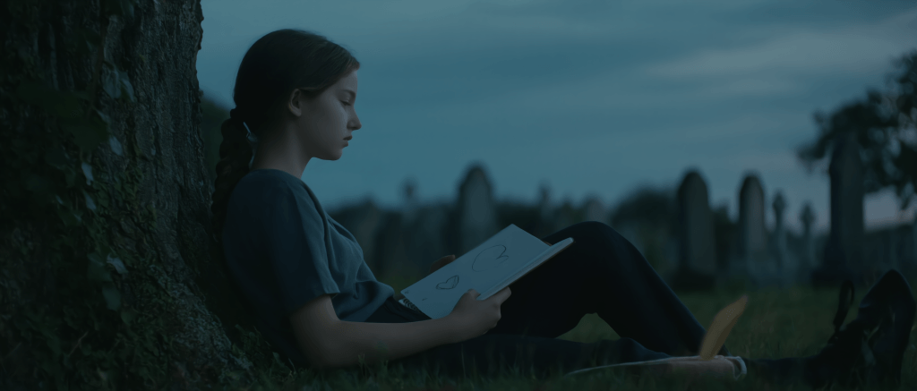 AI image of girl in cemetery created in KlingAI