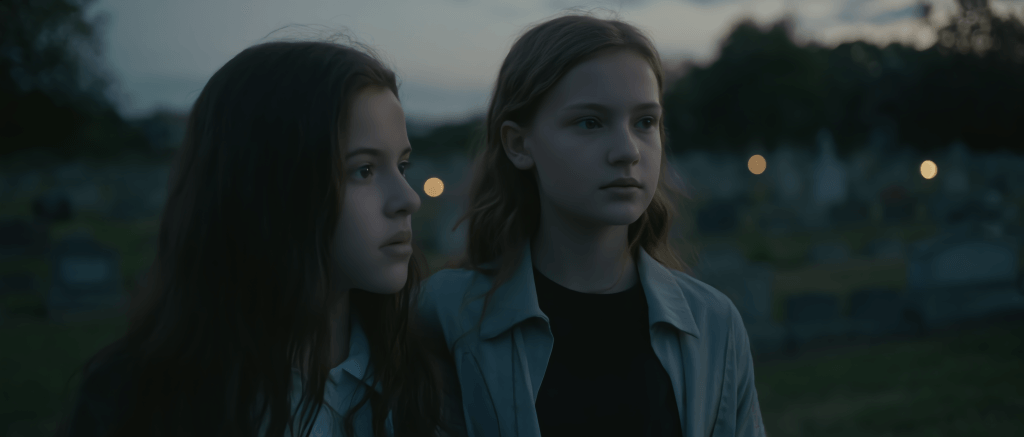 AI image of 2 girls in cemetery created in KlingAI