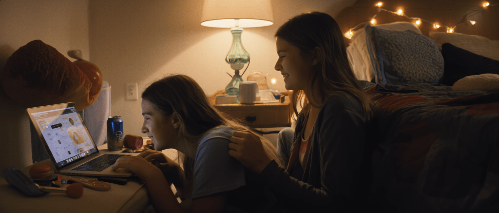 AI image of two girls on computer created in KlingAI