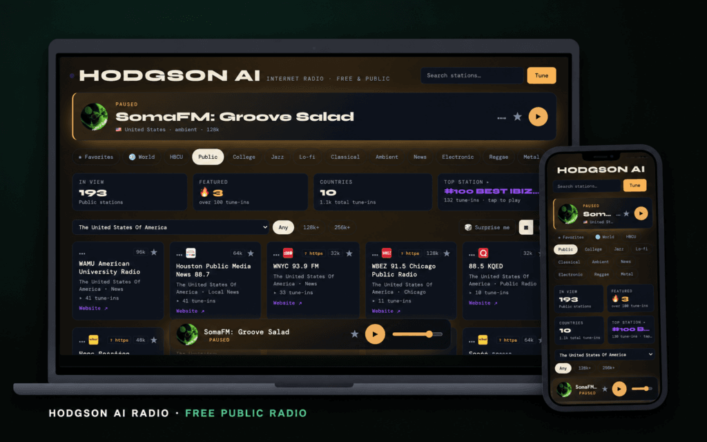 Laptop and smartphone displaying Hodgson AI Radio’s station browser and audio player against a dark background.