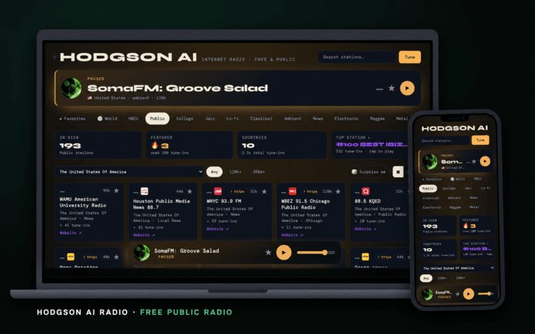 Laptop and smartphone displaying Hodgson AI Radio’s station browser and audio player against a dark background.