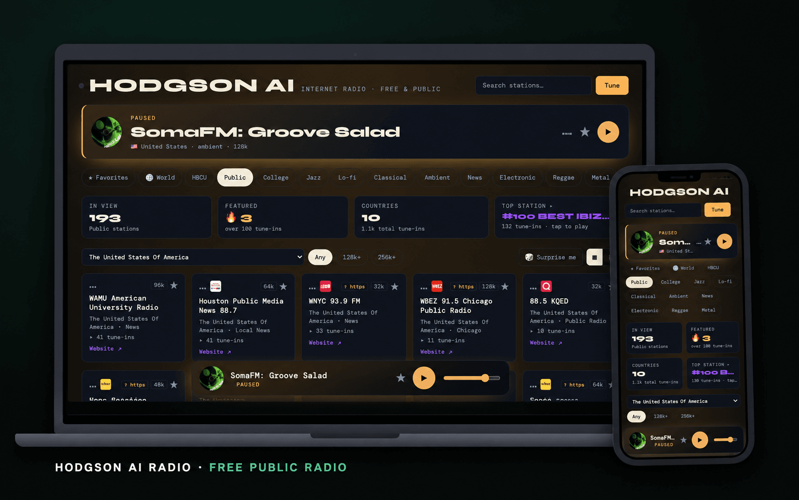 Hodgson Ai Radio — Free Public Internet Radio - Hodgson Agency laptop and smartphone displaying hodgson ai radio’s station browser and audio player against a dark background.