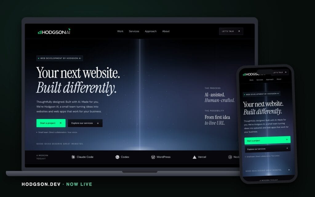 hodgson.dev web development site shown on a laptop and a phone