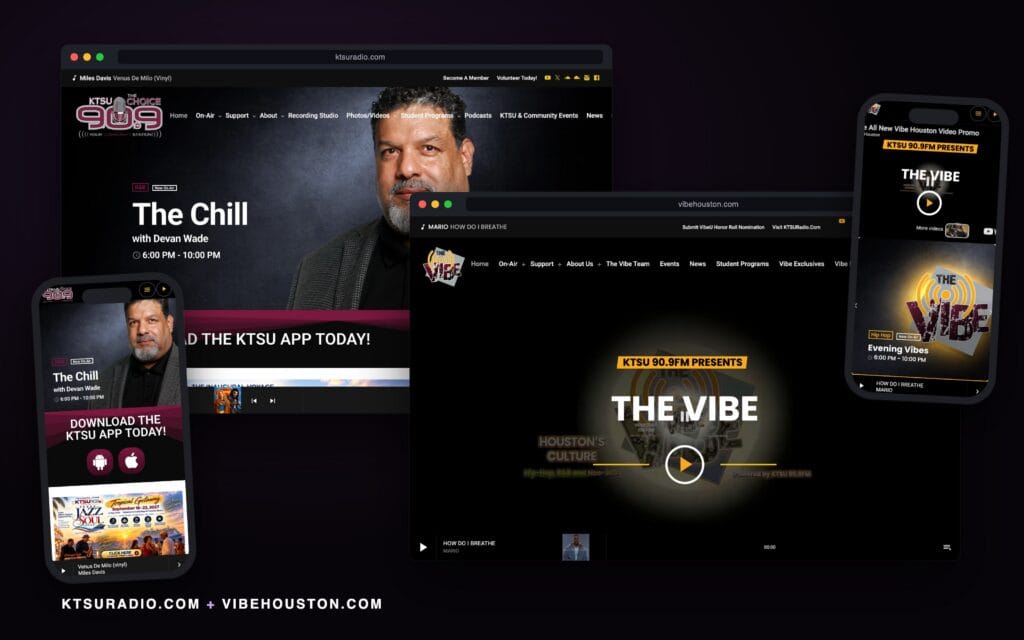 ktsuradio.com and vibehouston.com shown in browser windows with phone views