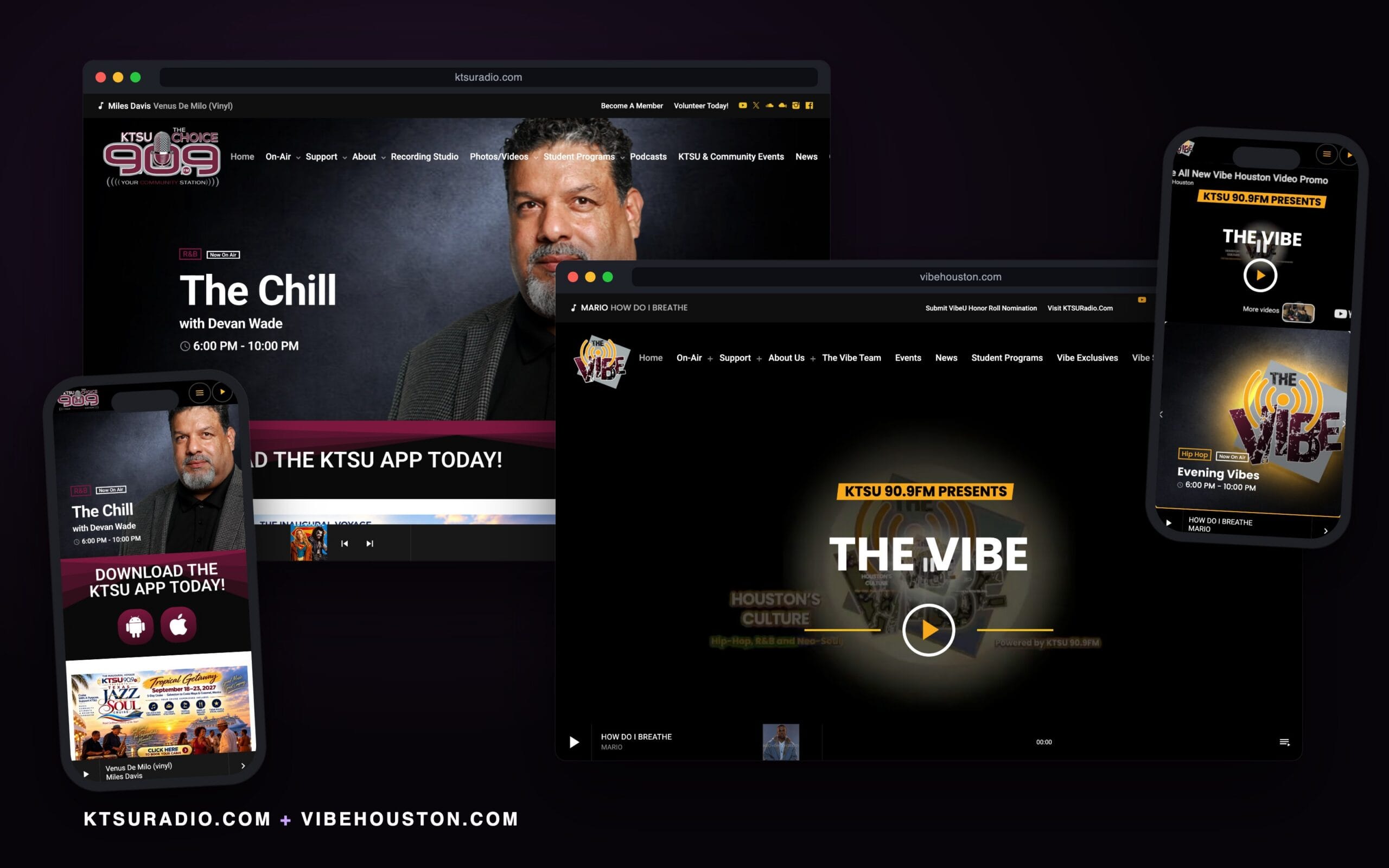 Ktsu 909 and the Vibe Houston Websites - Hodgson Agency ktsuradio.com and vibehouston.com shown in browser windows with phone views