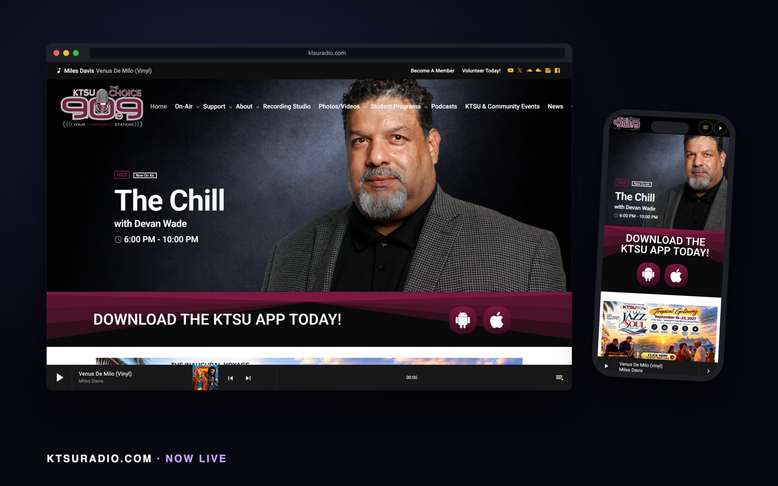 Ktsu 909 Website - Hodgson Agency ktsuradio.com in a browser window with its phone view