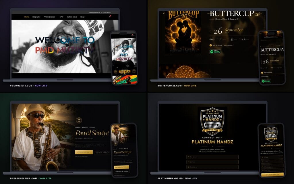 Four websites for Mr. Platinum shown on laptops and phones: PMD Muzik TV, Buttercup 26, Breeze Fevrier, and Platinum Handz