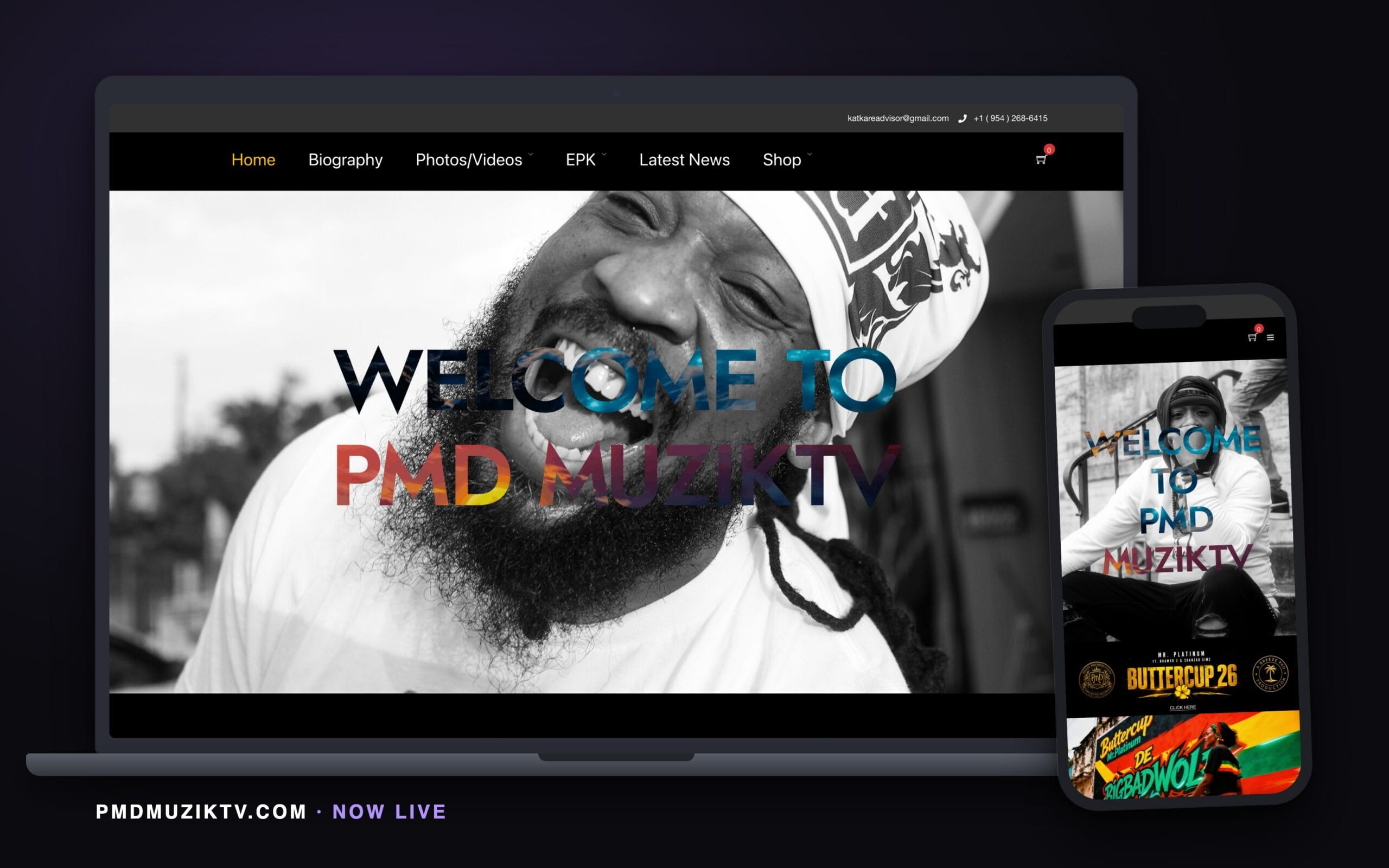 pmd muzik tv website on a laptop and a phone