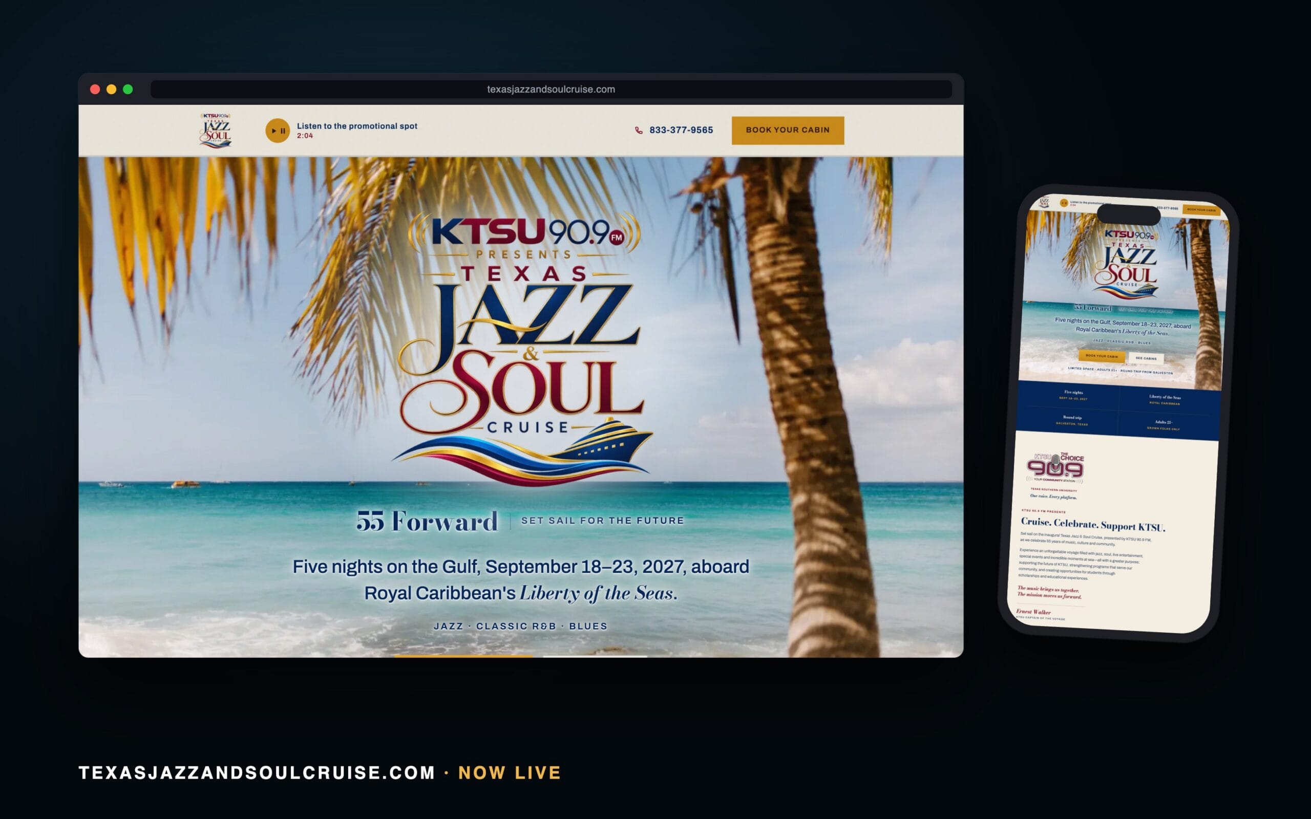 texasjazzandsoulcruise.com in a browser window with its phone view