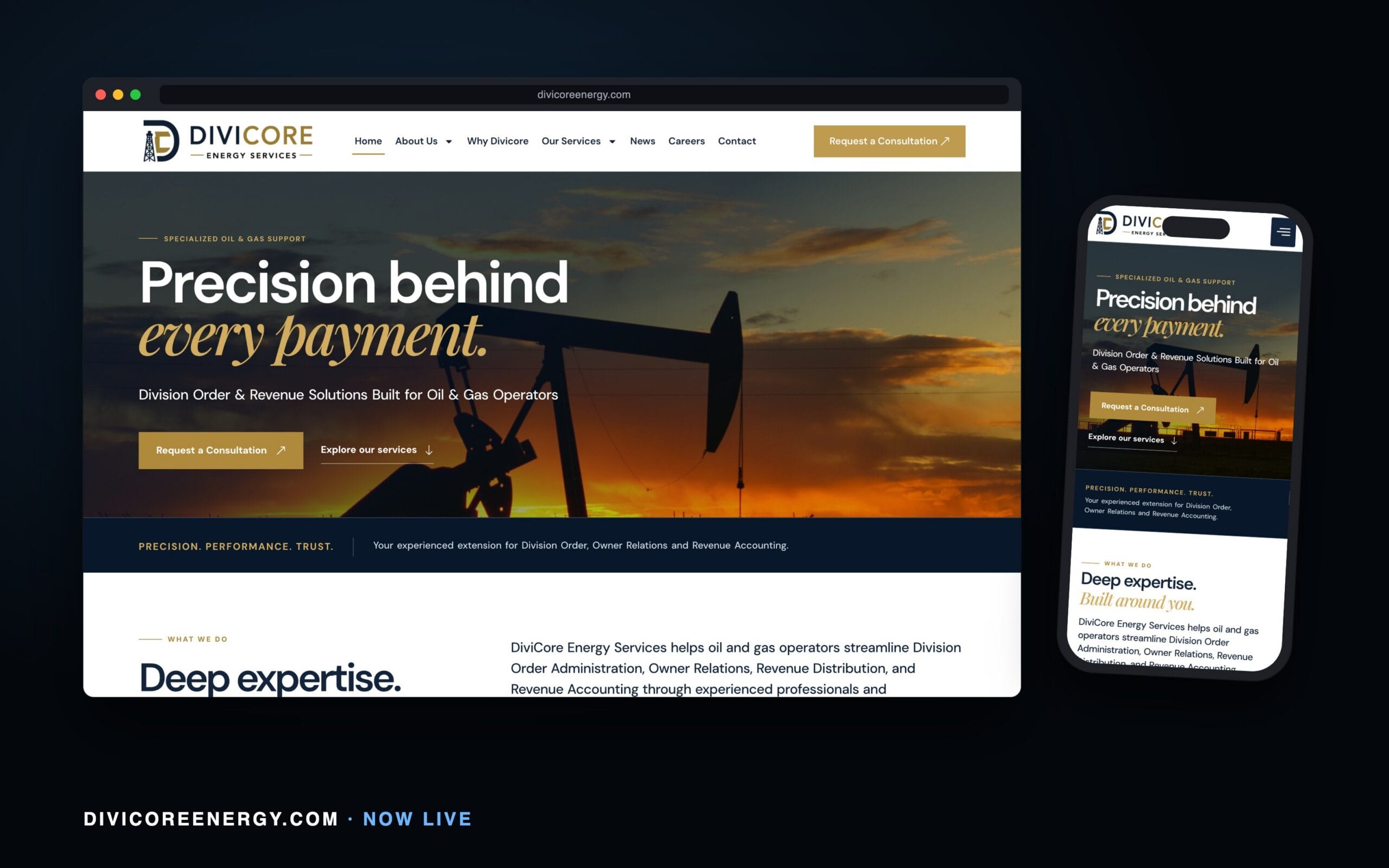 divicoreenergy.com in a browser window with its phone view