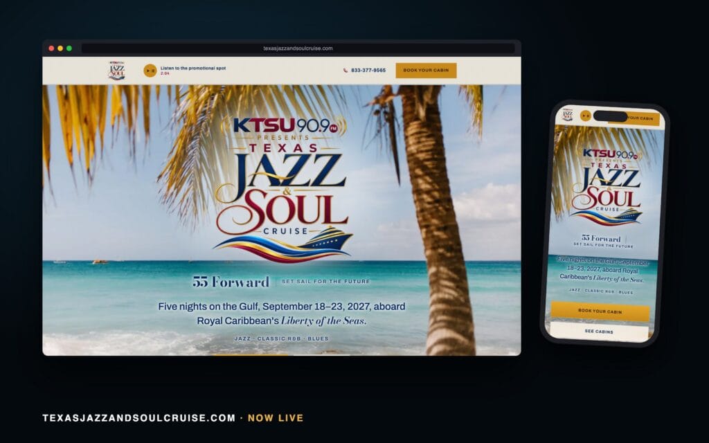 texasjazzandsoulcruise.com in a browser window with its phone view
