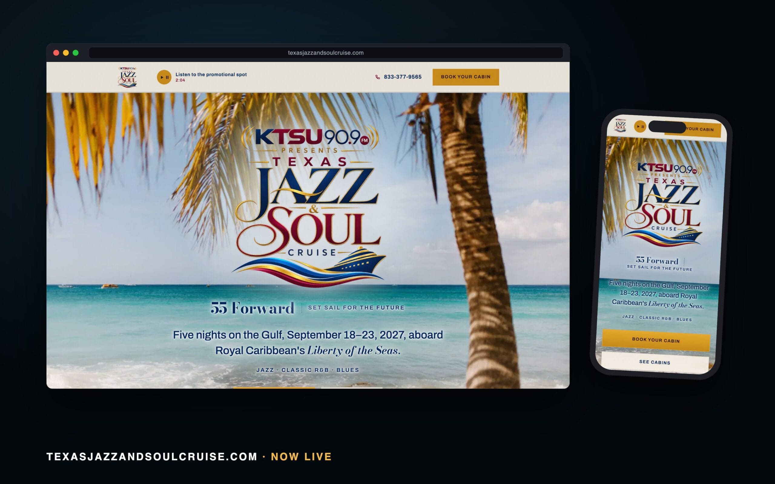 Texas Jazz and Soul Cruise Website - Hodgson Agency texasjazzandsoulcruise.com in a browser window with its phone view